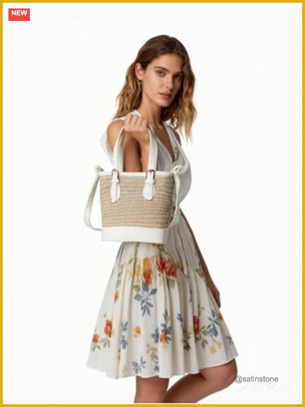 Straw Bucket Bag with Crossbody Strap, Summer Beach Purse - Picture 2 of 7